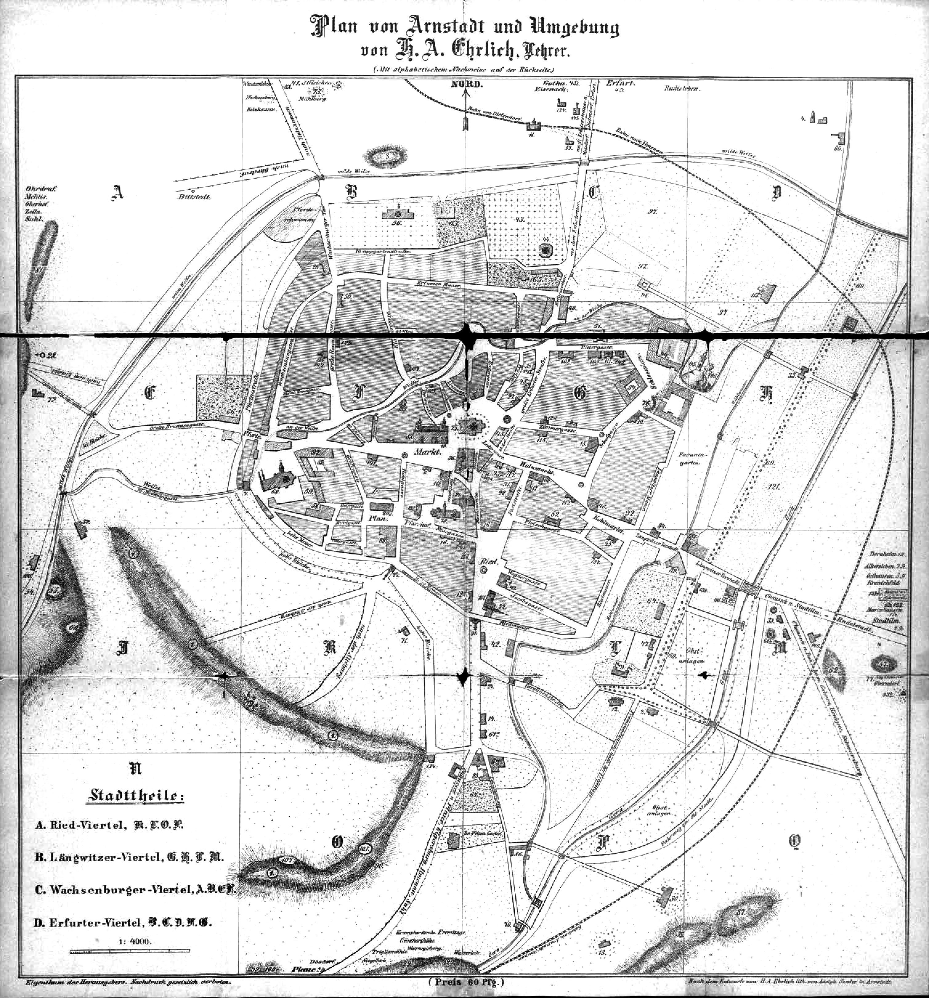 Historischer Plan von Arnstadt und Umgebung von H. A. Ehrlich mit Straßen, Gewässern, Stadtvierteln und der Alteburg.