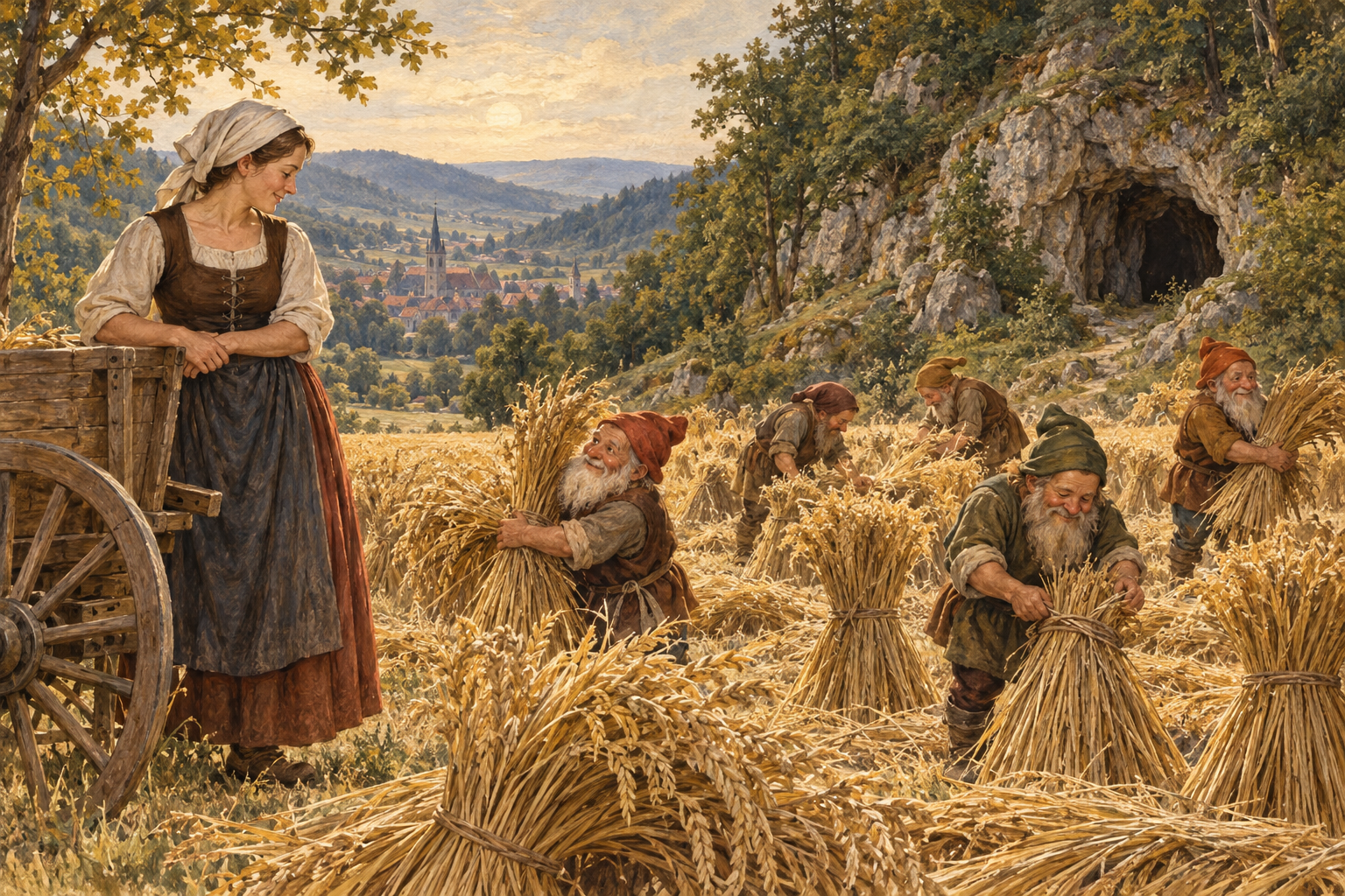 KI-Illustration: Kleine Sagengestalten binden Getreidegarben für eine Witwe.