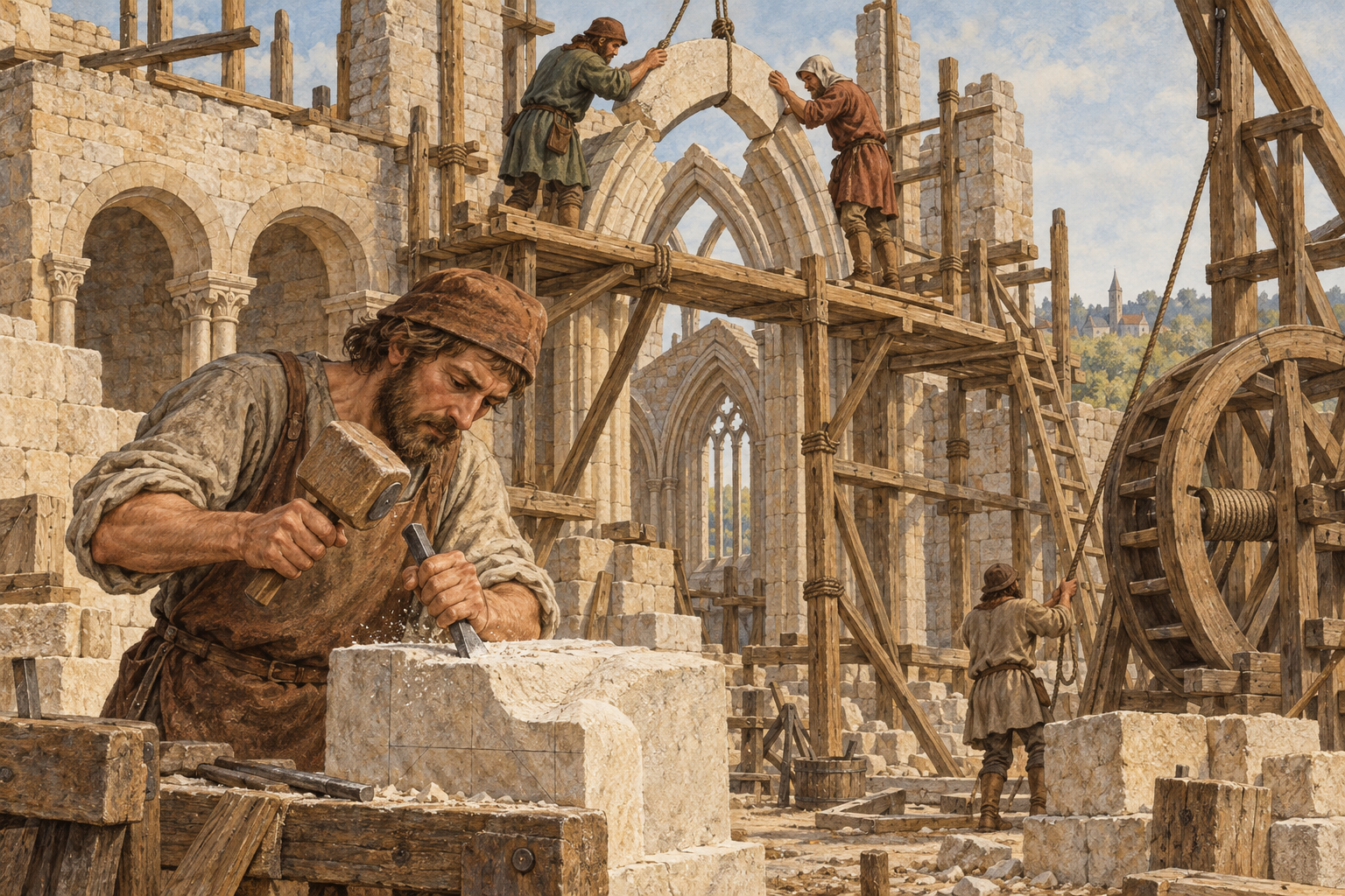 KI-Illustration einer frei erfundenen mittelalterlichen Kirchenbaustelle mit Steinmetzen und Holzgerüsten.