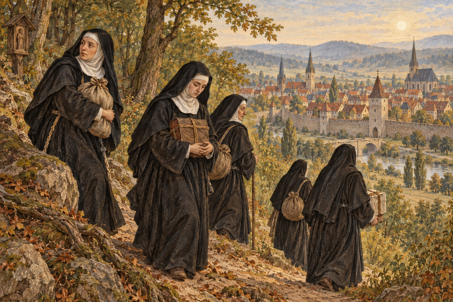 KI-Illustration: Nonnen tragen Bücher und Bündel auf einem Weg hinunter zu einer Stadt.