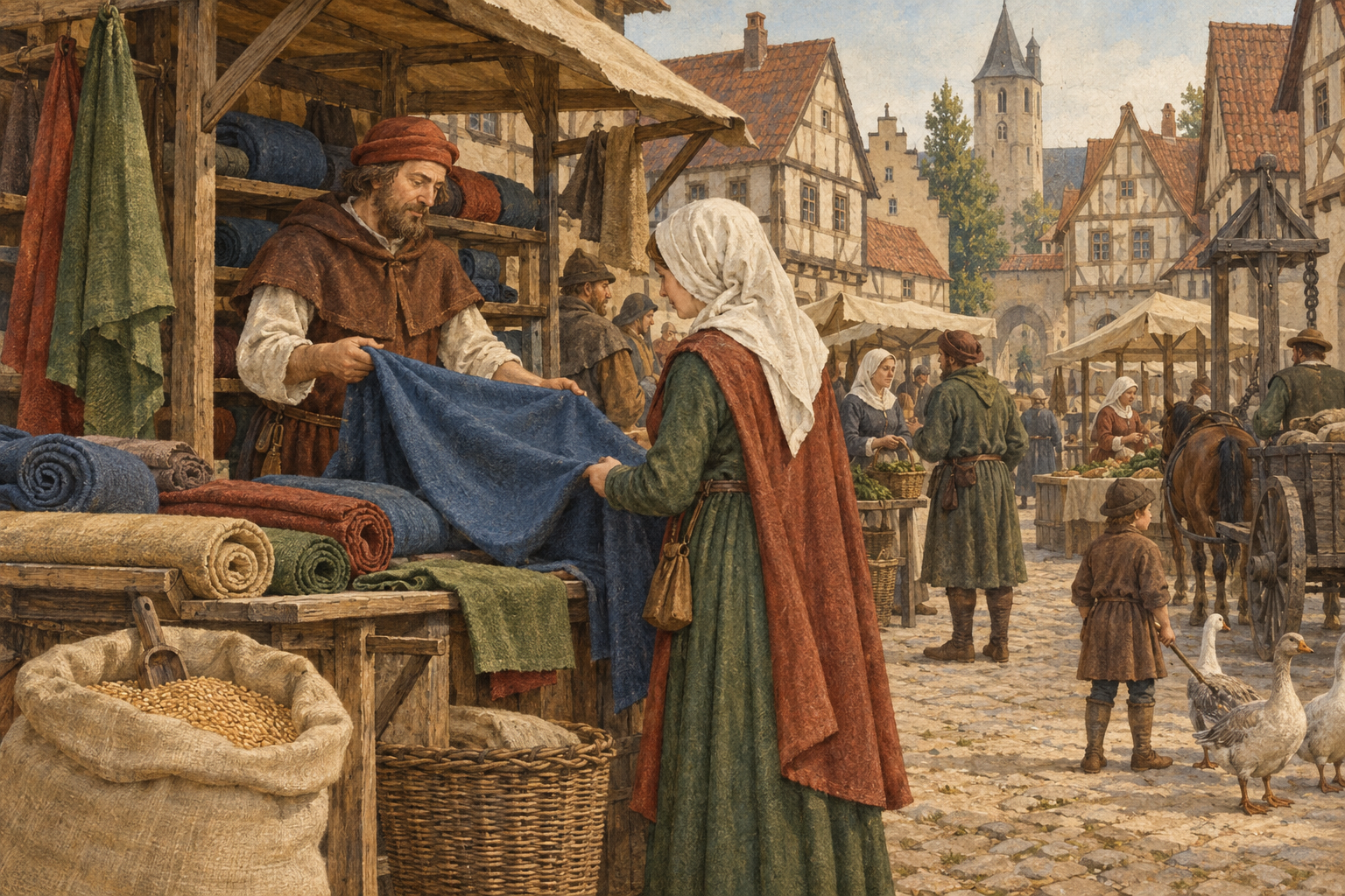 KI-Illustration: Eine Kundin prüft blaues Wolltuch am Stand eines mittelalterlichen Händlers.