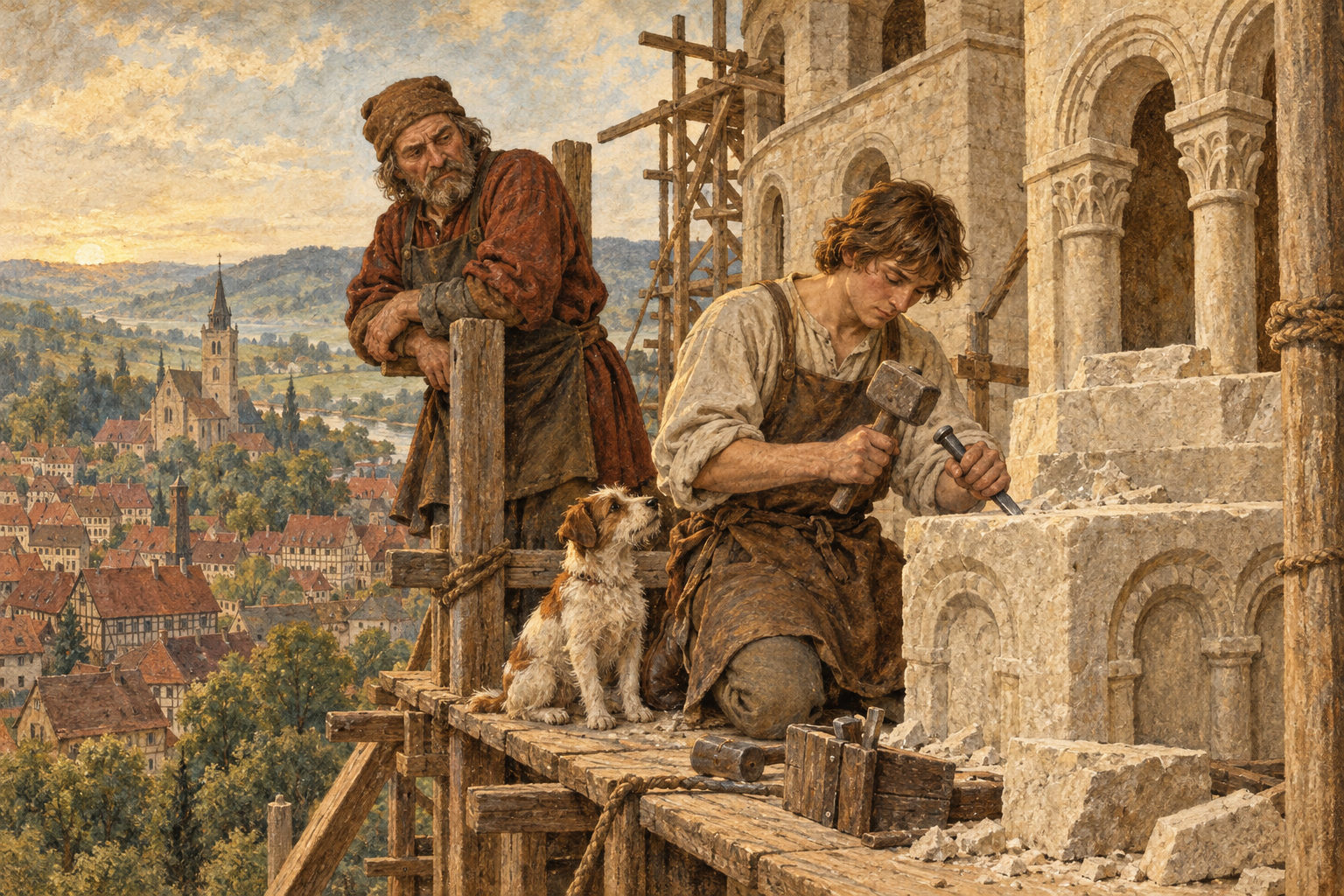 KI-Illustration: Ein Meister beobachtet seinen Gesellen bei der Arbeit, ein Hund sitzt daneben.