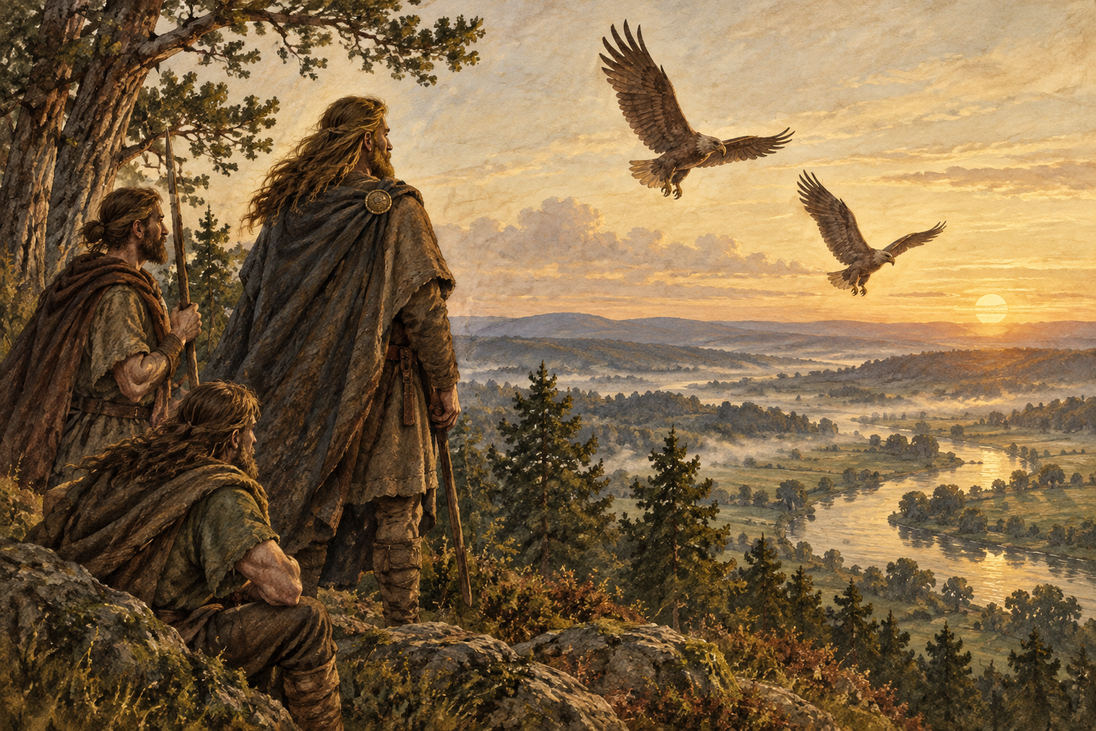 KI-Illustration: Merowig und seine Begleiter betrachten zwei Adler über einem Flusstal.
